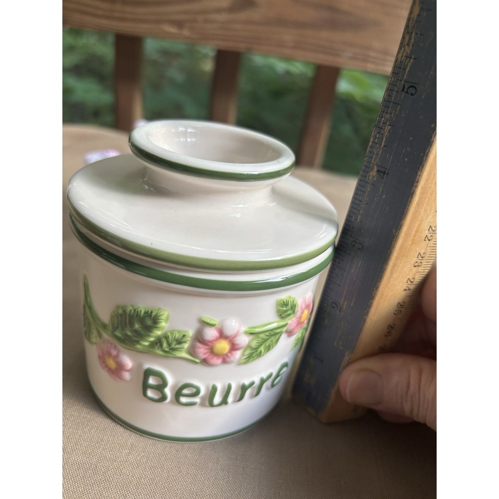 Vintage Butter Bell Crock French Beurre Embossed Pink Green Flowers L. Tremain - Picture 6 of 8